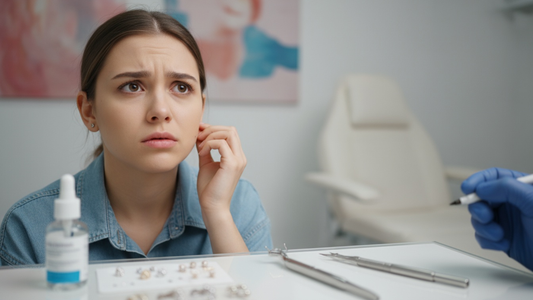 Femme ayant peur avant de se faire percer l'oreille