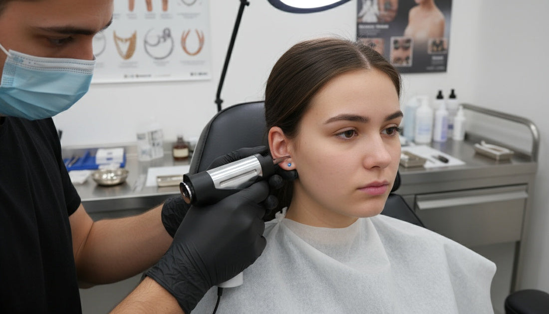 Femme se fait percer l'oreille avec un pistolet